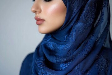 Wall Mural - Closeup of a beautiful female Muslim model wearing dark blue modern kurung with hijab, a modern urban lifestyle apparel for Muslim women isolated on grey background. Beauty and hijab fashion concept. 