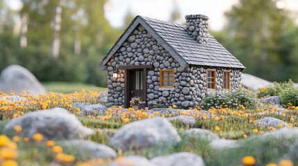 Aufkleber - Quaint stone cottage surrounded by vibrant wildflowers and greenery in a serene natural landscape.