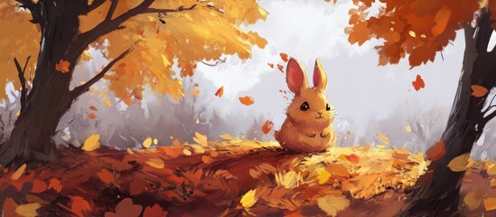 Poster - Autumn scene featuring a cute rabbit surrounded by colorful falling leaves in a tranquil forest setting.