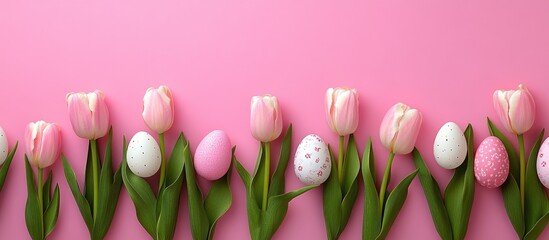 Aufkleber - Pink tulips and decorated Easter eggs on a pastel pink background for spring celebrations and floral-themed holiday decorations
