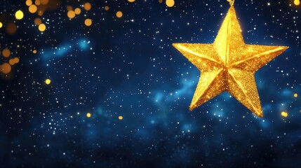 Aufkleber - Golden star hanging in a night sky filled with clouds and shimmering particles creating a magical nighttime atmosphere