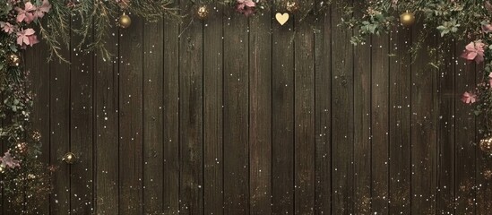 Aufkleber - Wooden backdrop with fir branches baubles and flowers for heart shaped text festive winter aesthetic with snow and light effects