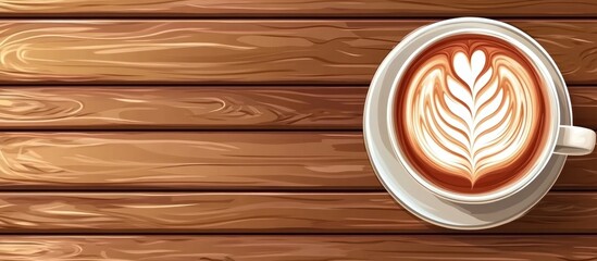 Aufkleber - Latte art coffee cup on wooden background showcasing intricate designs with ample copy space in a top view flat lay composition.