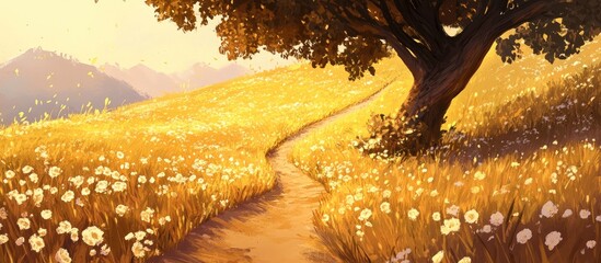 Aufkleber - tranquil golden sunset over a vibrant meadow with flowers and a winding path under a sprawling tree in a serene landscape
