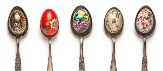 Aufkleber - Artistic arrangement of vintage Easter eggs displayed on ornate spoons against a clean white background celebrating springtime traditions.