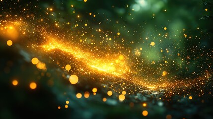 Poster - Luminous golden sparks swirling through a vibrant green landscape creating a magical ethereal atmosphere.