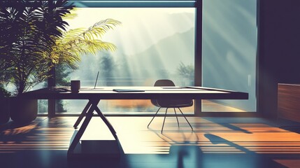 Poster - Modern interior workspace with a table and chair by a sunny window showcasing light rays and greenery for a serene atmosphere.
