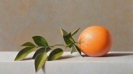 Poster - Still life composition of a vibrant orange fruit with green leaves set against a neutral background showcasing natural textures and colors.