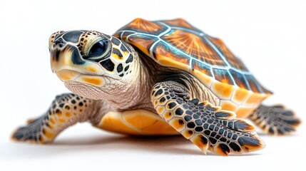 Poster - Colorful turtle on a pristine white background showcasing intricate patterns and textures in a vibrant, artistic composition.