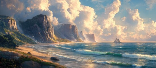 Poster - Serene coastal cliffs with dramatic skies and gentle waves creating a picturesque landscape by the shore at sunset ideal for travel themes.