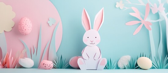 Aufkleber - Playful pastel Easter scene with a paper bunny surrounded by decorative eggs and flowers in a creative spring-themed backdrop