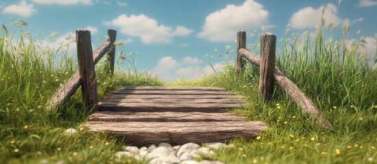 Poster - Tranquil wooden bridge over grassy meadow leading to a serene landscape under a bright blue sky with fluffy clouds.