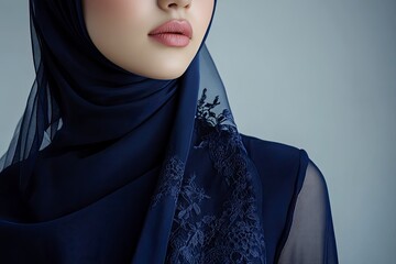 Wall Mural - Closeup of a beautiful female Muslim model wearing dark blue modern kurung with hijab, a modern urban lifestyle apparel for Muslim women isolated on grey background. Beauty and hijab fashion concept. 