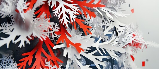 Poster - Colorful paper snowflakes and leaves arranged artistically to create a festive Christmas tree decoration for a cheerful holiday vibe