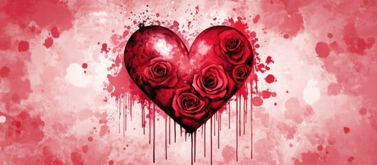 Poster - Watercolor heart adorned with roses on a textured pink background perfect for greeting cards and romantic occasions