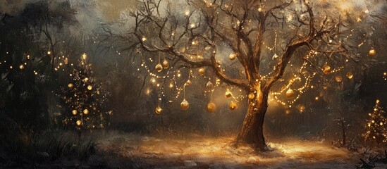 Aufkleber - Festive illuminated tree adorned with golden ornaments in a serene winter landscape at night