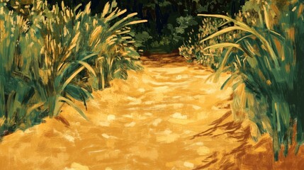 Poster - Golden sandy path through lush greenery in a serene natural landscape setting