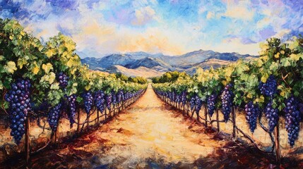 Aufkleber - Vibrant vineyard landscape featuring lush grape vines under a colorful sky with mountains in the background showcasing the beauty of winemaking.