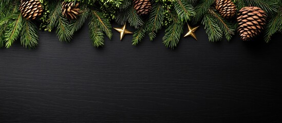 Aufkleber - Christmas decoration featuring pine and cypress cones arranged with gold stars on a black wooden table background festive ambiance