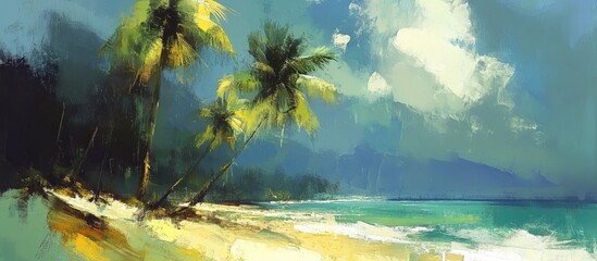 Poster - Coconut palm trees on a serene beach with vibrant sky and ocean waves creating a tranquil tropical island atmosphere