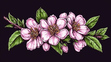 Poster - Vintage botanical illustration of apricot tree branch with pink flowers and green leaves on a dark background representing floral beauty.