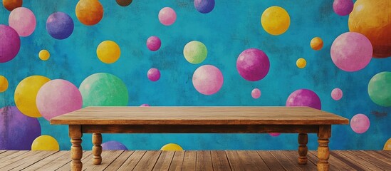 Poster - Wooden table in front of colorful festive backdrop perfect for product display and creative montages in a vibrant setting