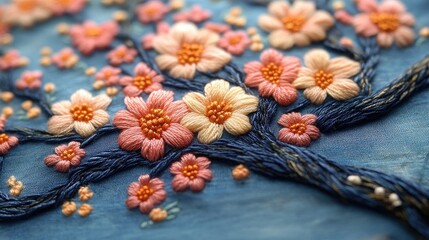 Poster - Handcrafted floral embroidery design featuring vibrant handmade knitting wool in a blue background showcasing intricate details and patterns