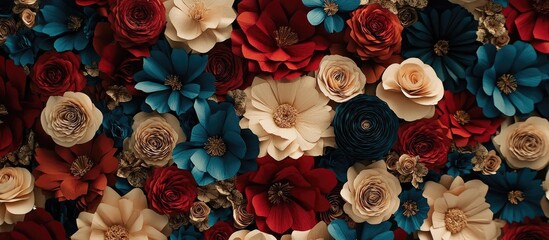 Poster - Vibrant floral backdrop featuring gold red and blue paper flowers for creative design and photography backgrounds