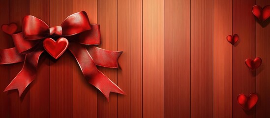 Poster - Red hearts and ribbon adorned on a rustic wooden background creating a romantic and festive atmosphere for love themed designs
