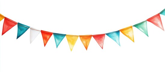 Poster - Colorful party flag garland bunting decoration on a plain white background for festive celebrations and events.