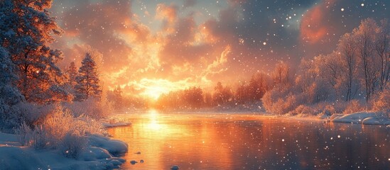 Poster - Winter Sunrise Over Snowy Landscape with River and Colorful Sky Reflections