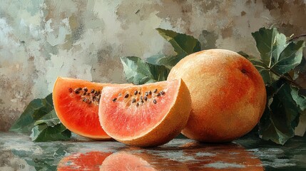 Aufkleber - Fresh and vibrant cantaloupe slices with whole fruit and green leaves on textured background showcasing natural colors and textures.