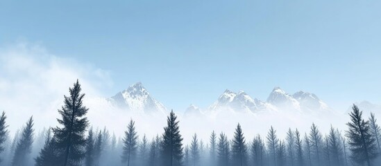 Poster - Majestic mountain peaks emerge through misty forest under clear blue sky showcasing nature's serene beauty and grandeur