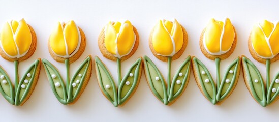 Poster - Gingerbread tulip cookies in bright yellow with decorative icing on a white background for Spring or Women's Day celebration concepts