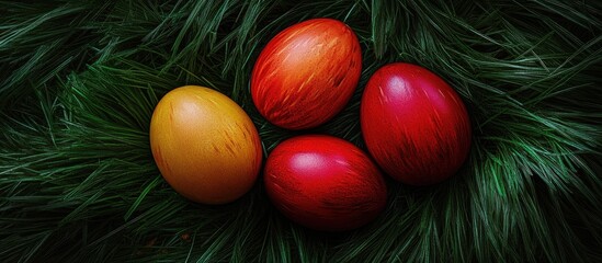 Aufkleber - Vibrant colored Easter eggs resting on lush green grass creating a festive and cheerful springtime scene