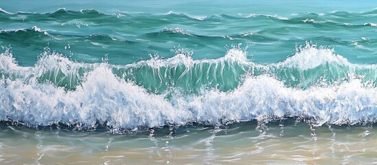 Poster - Aerial view of coastline showcasing vibrant turquoise waves crashing against the sandy shore in a serene ocean landscape.