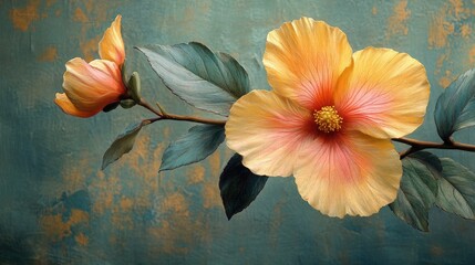 Poster - Floral Composition with Yellow and Pink Blooms and Green Leaves on Textured Background
