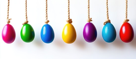 Wall Mural - Colorful hanging Easter eggs on rope isolated against a clean white background for festive decorations and seasonal celebration concepts