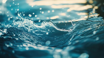 Wall Mural - Close-up image of clear water, highlighting abstract waves and aqua bubbles, creating a fluid blue scene with ample copy space for design. The water splashes create an engaging visual.