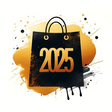 2025 New Year design with shopping bag. Golden color 2025 new year illustration.