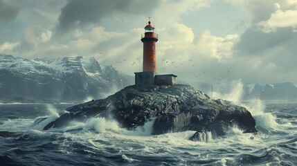 Wall Mural - a solitary lighthouse on a rocky island surrounded by crashing waves