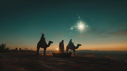 Wall Mural - A star on the sky nativity scene silhouettes at night