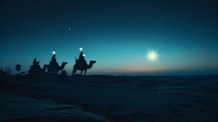 Wall Mural - Nativity camels silhouettes at night