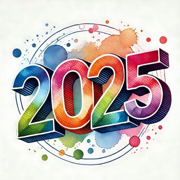 Colorful 2025 Happy New Year card. 2025 watercolor illustration