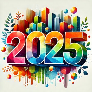 Colorful 2025 Happy New Year card. 2025 watercolor illustration