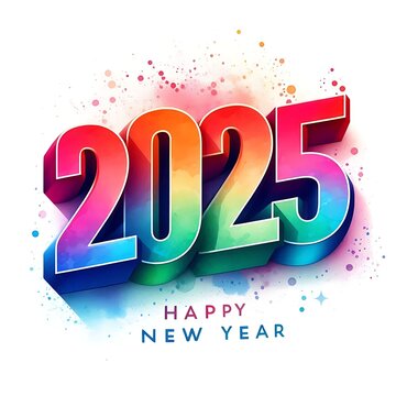 Colorful 2025 Happy New Year card. 2025 watercolor illustration