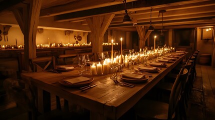 Poster - A cinematic shot of a surprise birthday dinner in a rustic setting, with soft candlelight illuminating the warm wooden tones of the room.
