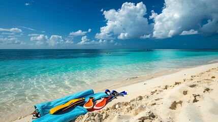 Wall Mural - a tranquil beach with snorkeling equipment and beach towels spread out in the sand