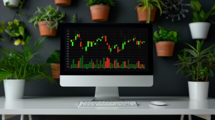 Wall Mural - A comfortable home office with a hint of unease, featuring a computer displaying financial graphs and charts 