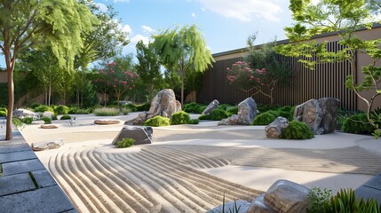 Wall Mural - a tranquil zen garden with raked sand and stone sculptures